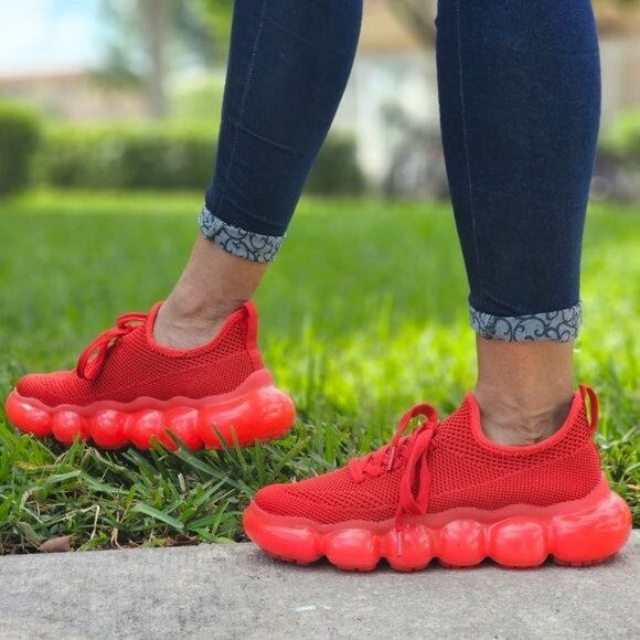 Women Knitted Stylish Bubble Textured Lace up Sneakers Red Color - Picture 2 of 6